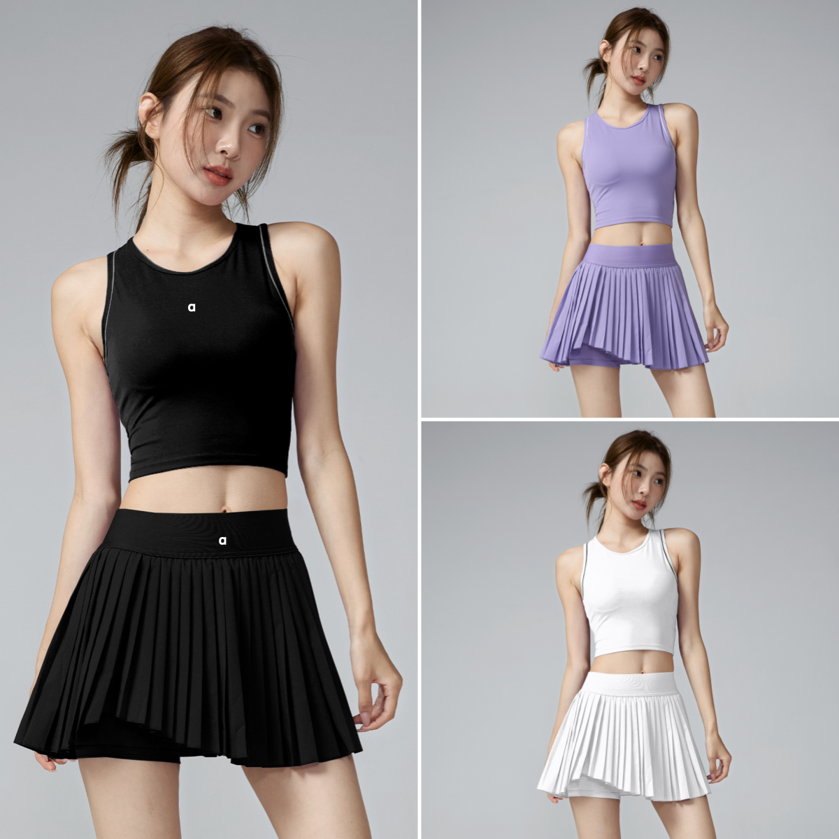 A2928 Solid-Color Tank Top and Asymmetrical Pleated Skirt Set Tennis Badminton Sports Fitness and Casual Quick-Dry Yoga Outfit Set