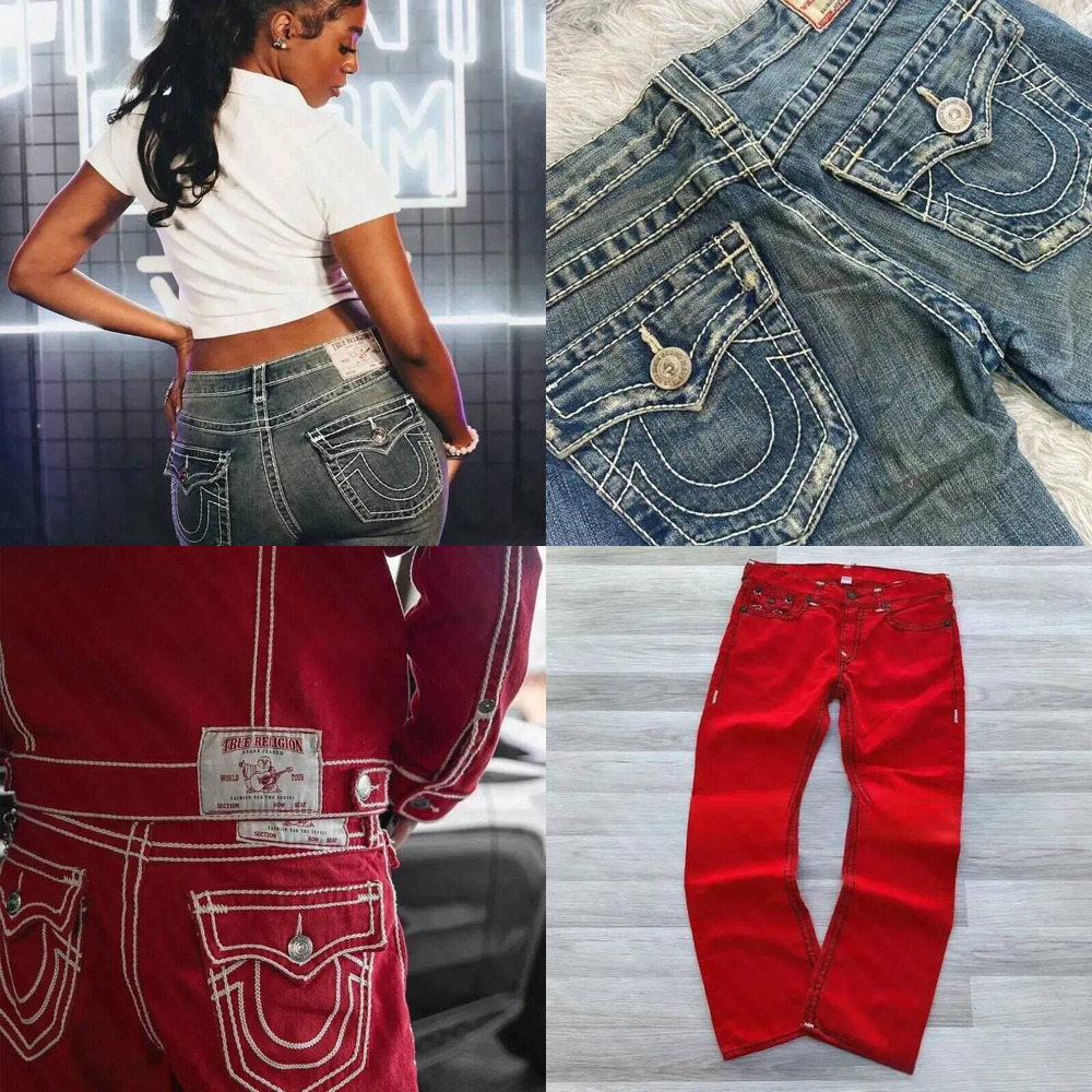 True Relgionly Jeans Amrican Retro Gothic Style Loose Casual Hip Hop Red Embroidered Street Denim Trousers Couples Baggy Pants Y2k Fashion Trend Clo