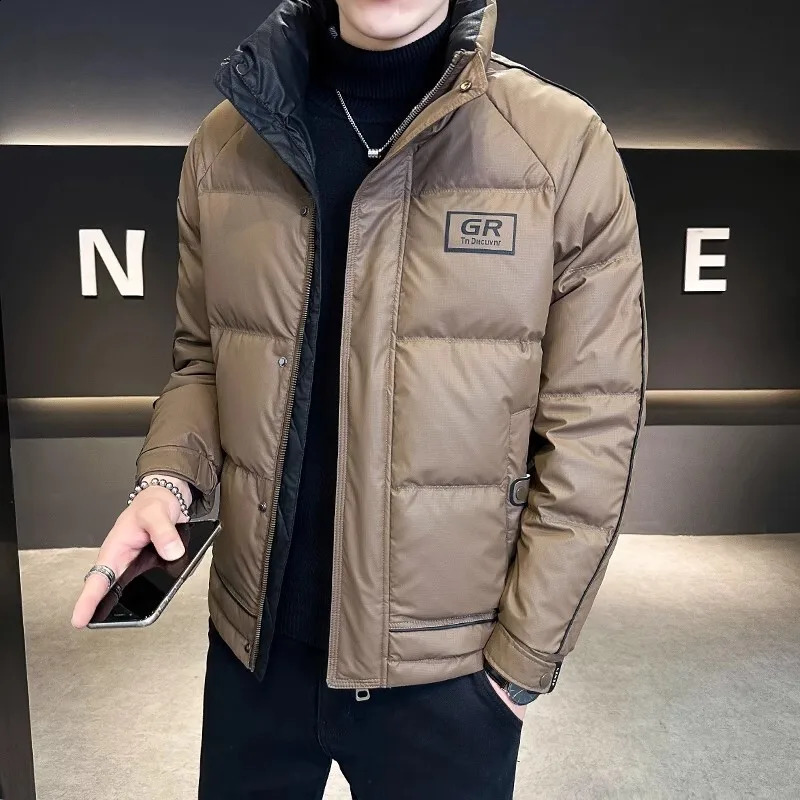 Fall Winter Men's White Duck Down Jacket Fashion y Letter Print Patchwork Stand Up Thick Warm Down Jacket Male Outwarer 260916