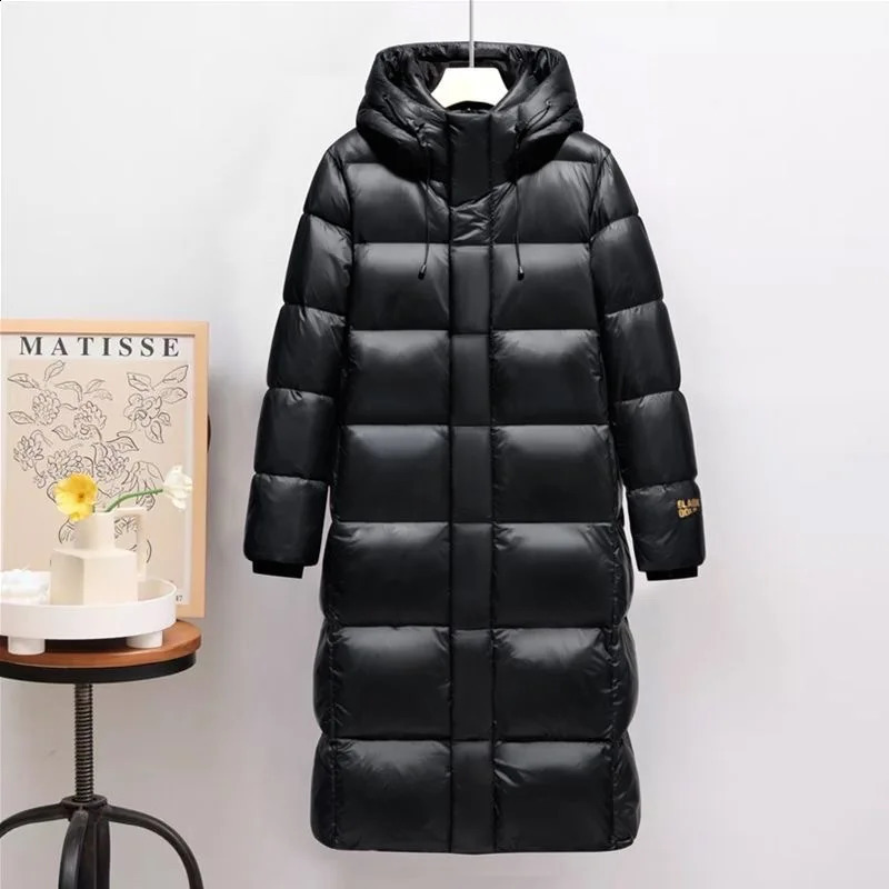 Winter Men Hooded Black Shiny Long Puffer Jackets Couple Goose Down Coats Quality Male Over The Knee Thicker Warm Coats 3XL 260916