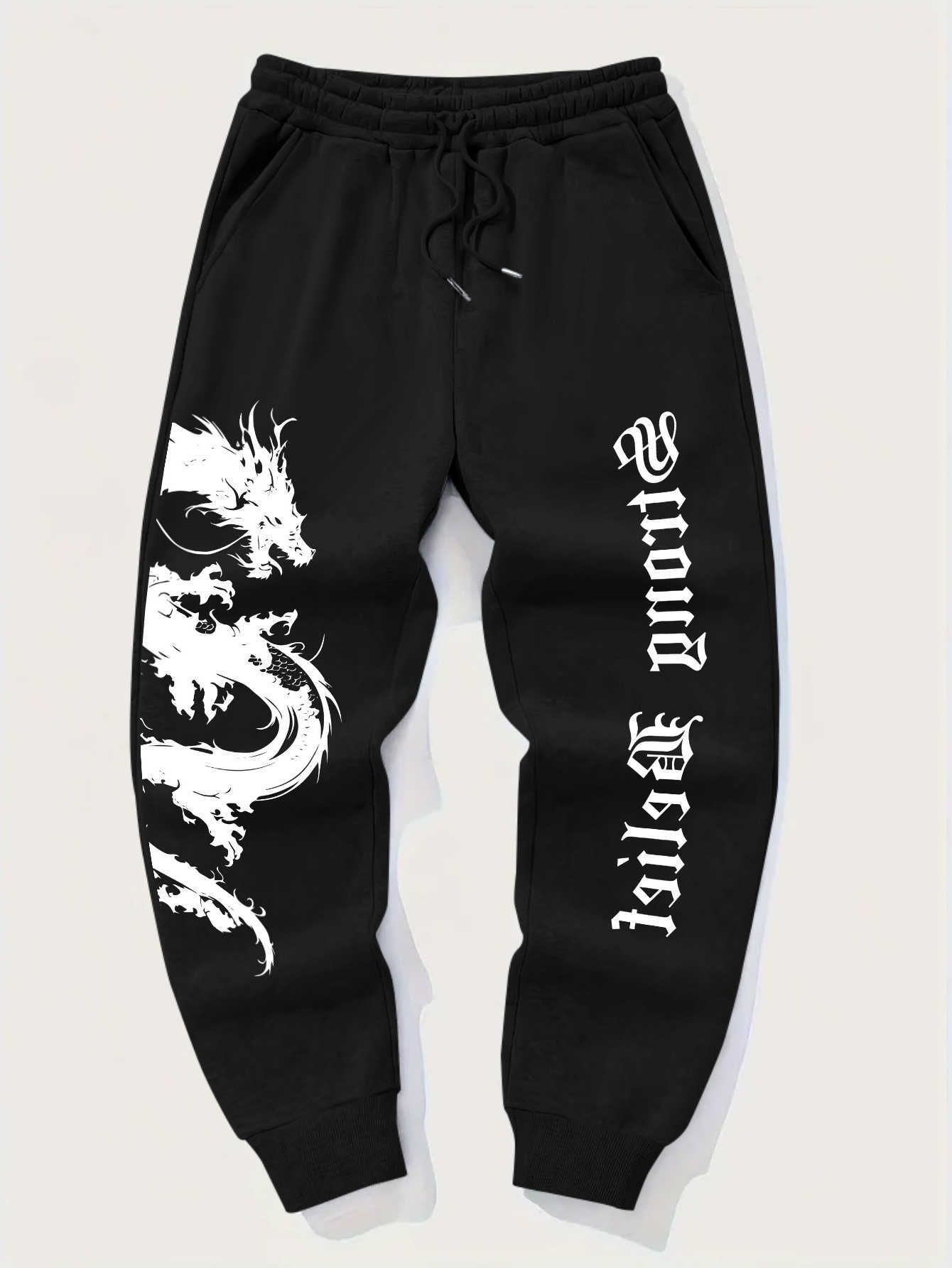 with Mighty oriental dragon silhouette gothic vertical slogan graphic sweatpants for men hip hop sports street jogger trousers D260916