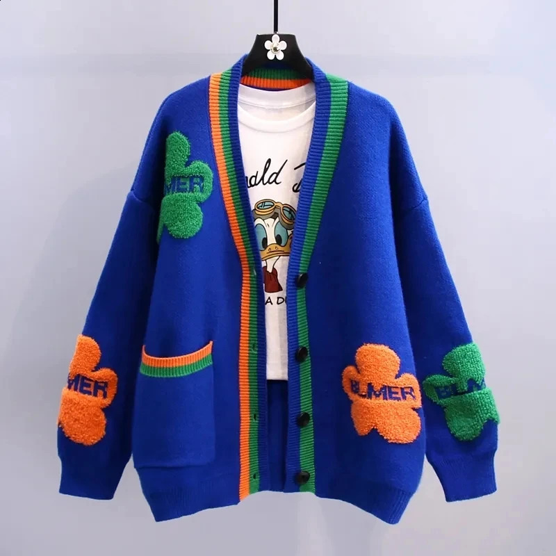 Blue Acrylic Knit V-Neck Letter Flower Casual Women's Cardigan Sweater Single Breasted Cardigan For Women Clothing Thick Winter 260916