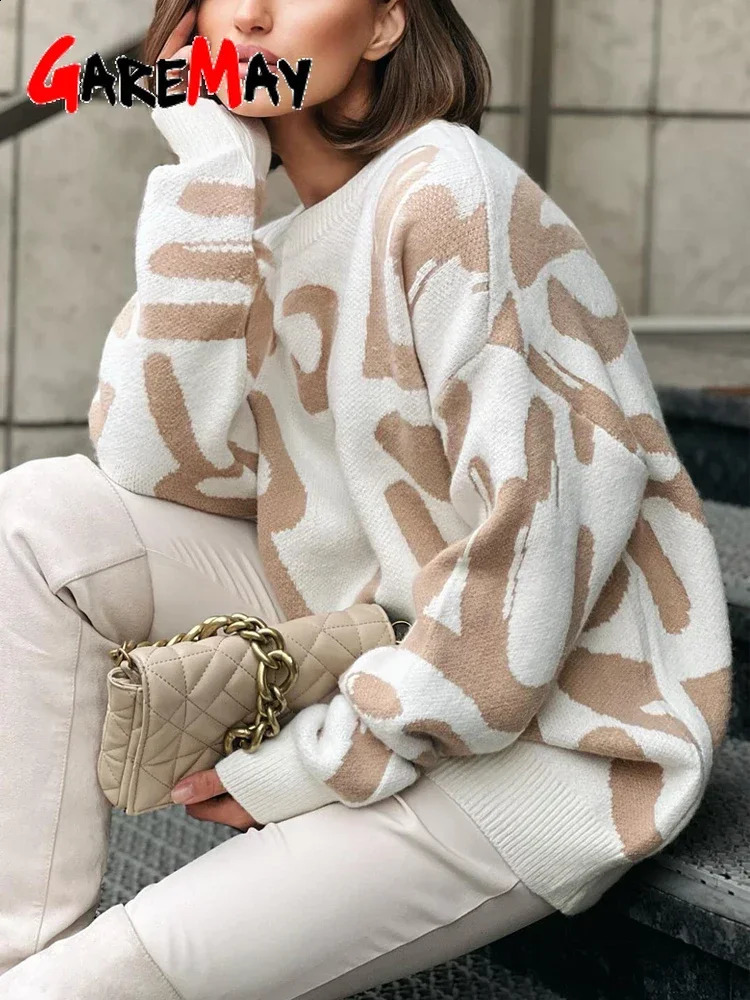 Winter Women's Sweater with Letter Print Green White Oversized Pullover O-Neck Classic Vintage Knitted Sweaters for Women 260916