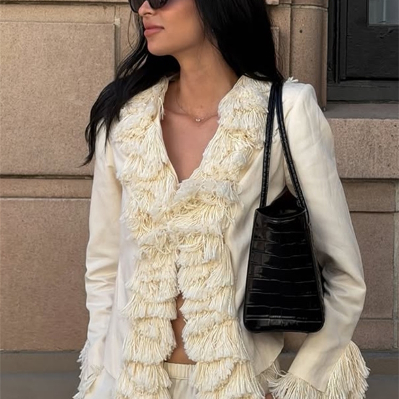 Fashion Solid Blended Womens Jacket Irregular Tassel Decoration Open Front Long Sleeves Loose Chic 2026 Autumn Street Wear 260915