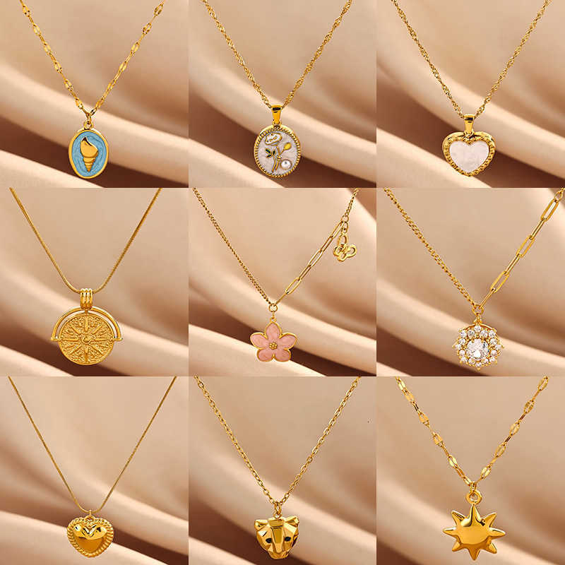 Oil Dripping Fashion Plumeria Pendant Necklaces For Women Gold Color Stainless Steel Pink Flower Necklace Aesthetic Jewelry GiftT260916