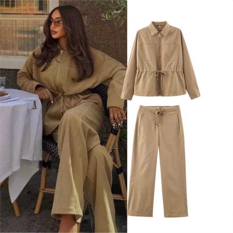 Lapel Elegant Zipper Jackets+Drawstring Pants 2-piece Set Women's Autumn Causal Fashion Strt Solid Color Set S2609168QLR