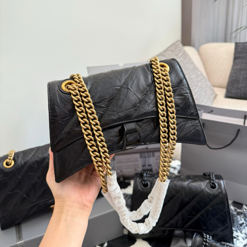 designer bag Women's Crush Quilted Crinkled Leather Chain Shoulder Bag, Vintage Gold Hardware Flap Crossbody Handbag