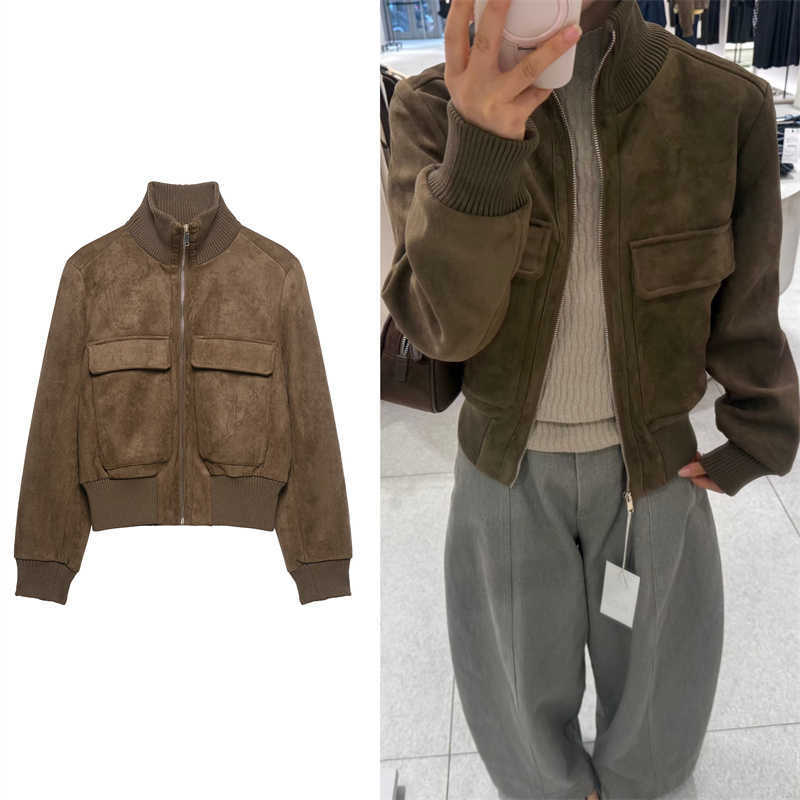 Jacket Guobioziy Women's 2026 Fall/Winter New Fashion Retro Stand Collar Suede Texture Pocket Detail Pilot JacketT260916