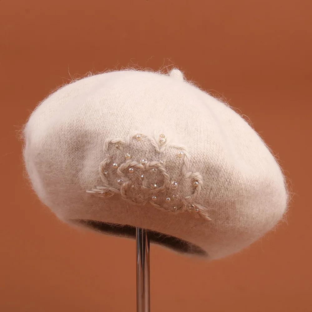 Beret Women Winter Angora Knit Hat Flower Pearls Warm Soft Accessory For Autumn Outdoors Sports Cold Weather 260916