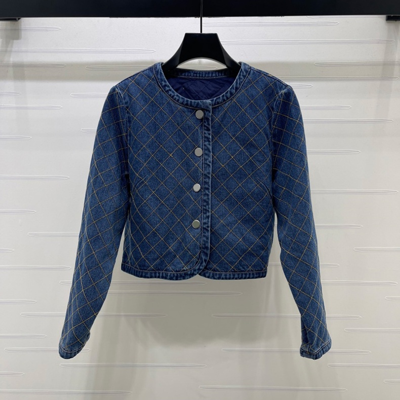 Designer Women Elegant Denim Jacket Round Collar Quilted Cropped Coat Autumn Winter Casual Street Outdoor Outwear