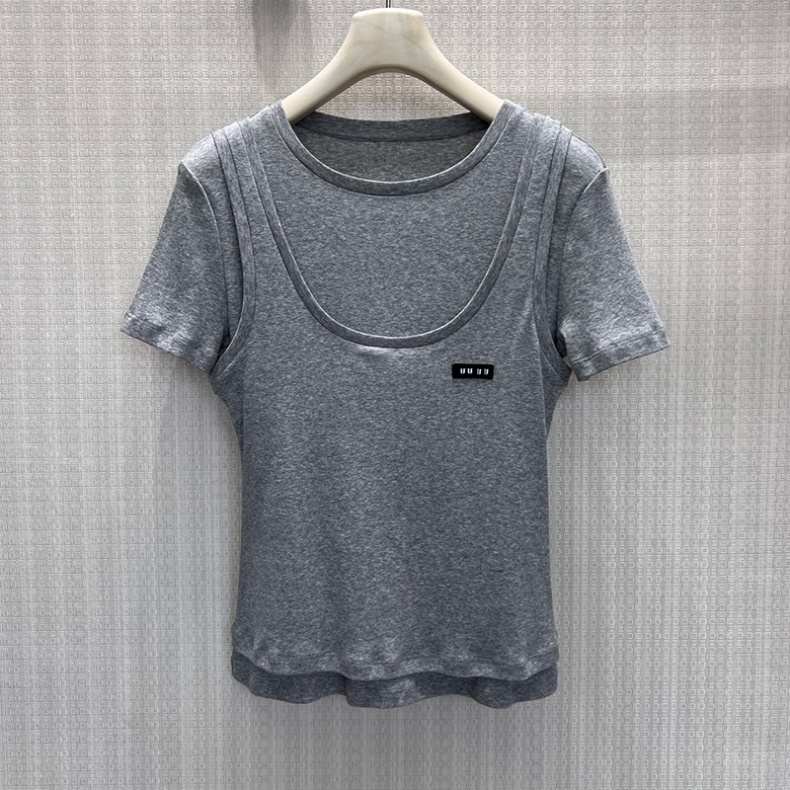Stylish Women Preppy Gray Tee Fake Two Piece Slim Fit Short Sleeve Basic T Shirt Summer Daily Casual Outing Commute Top