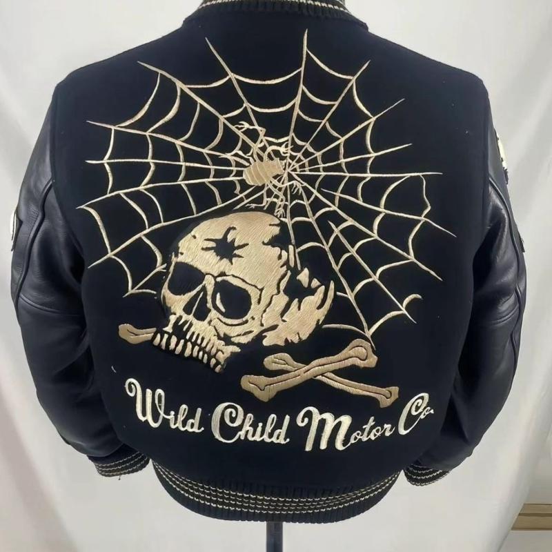 Men's PU Leather Spider Skull Embroidered Varsity Baseball Jacket Zip Up Stand Collar Streetwear Gothic Quilted Winter Coat