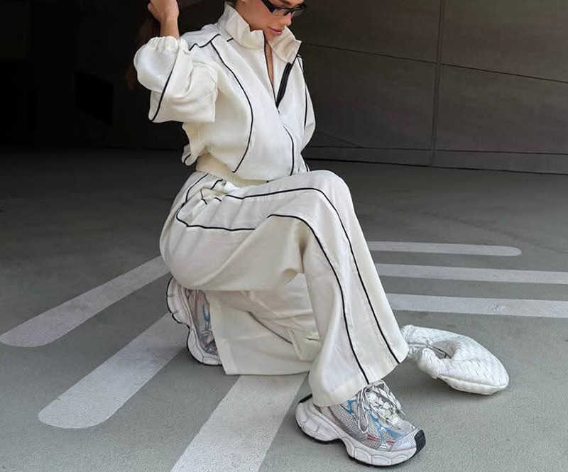 White Lady Contrast Piping Zip Up Stand Collar Track Jackets Loose Long Slve Casual Sport Set 2026 Autumn Strt Fashion Wear S26091692H2