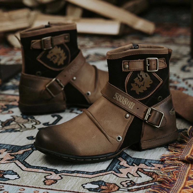 Cowboy Men's Ankle Boots High Quality Retro Men Motorcycle Boots y Fashion Western Boot Metal Style Zippers Men Shoes 39-48 260916