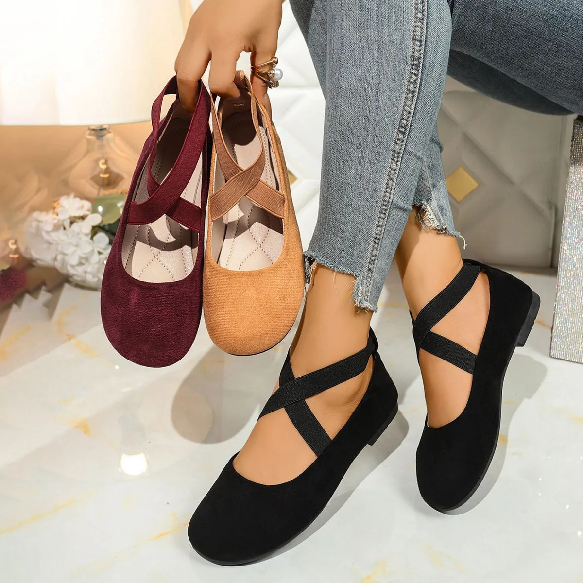 French Retro Red Suede Ballet Flat 2026 Autumn Cros Strap Flat Heel Velvet Mary Jane Shoes Plus Size Woman's Loafers 260916