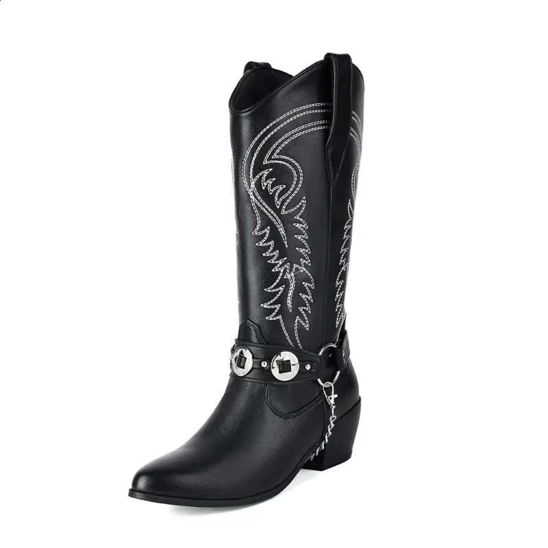 Plus Size 48 Womens Western Cowboy Boots High Heels Retro Embroidery Shoes 260916