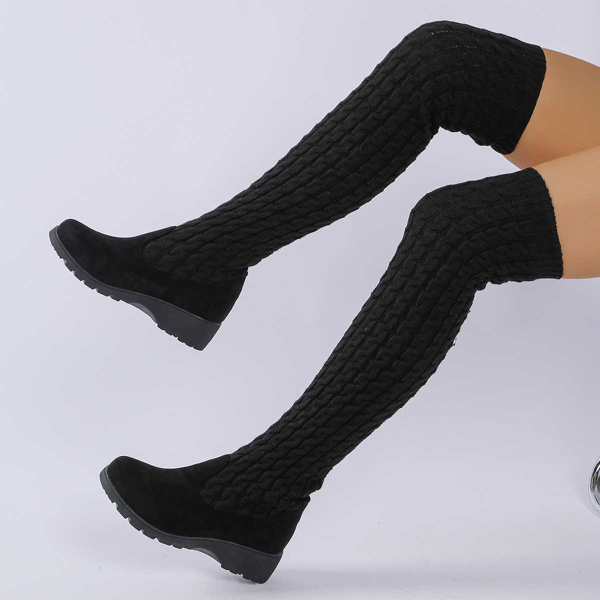 new Women's winter boots 2025 style slimming slope heel over knee boots women's plus size thick soled knitted sponge socks boots D260916