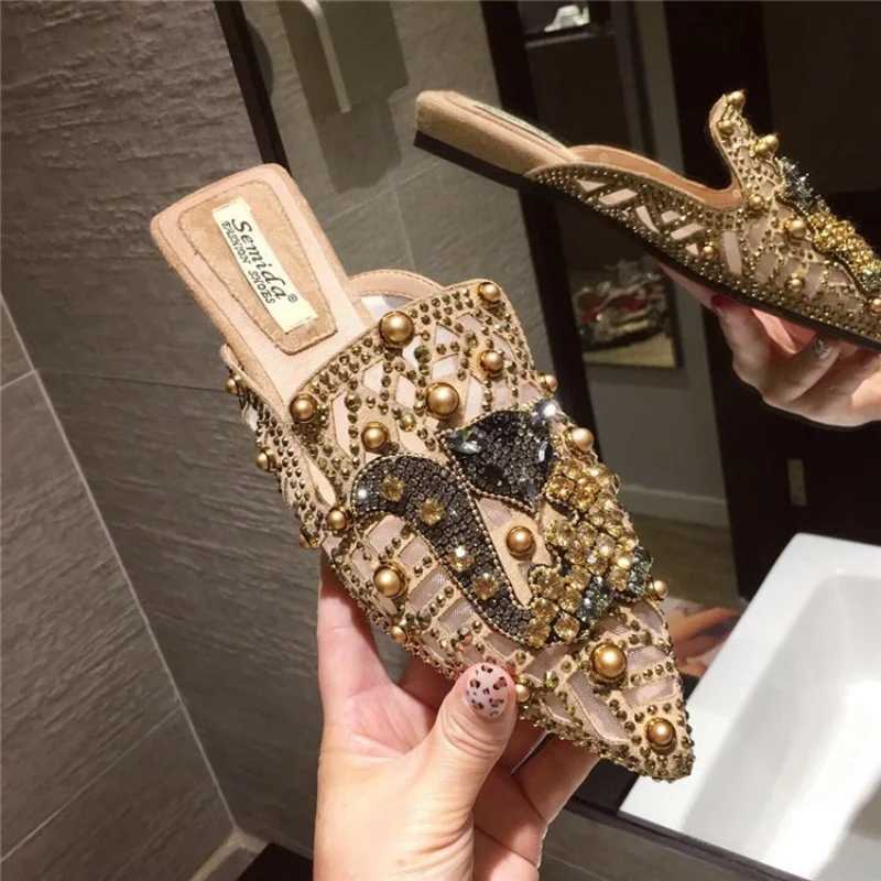 Ethnic Style Large Size Baotou Half Slippers Women Wear Flat Sandals Summer Breathable Pointed Mueller Shoes Q260916