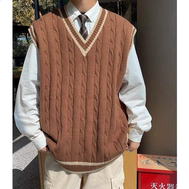 Men Trendy American Vintage JK Preppy Style Oversized Knitted Sweater Vest Y2K Streetwear V Neck Sleeveless All Match Waistcoat 260916