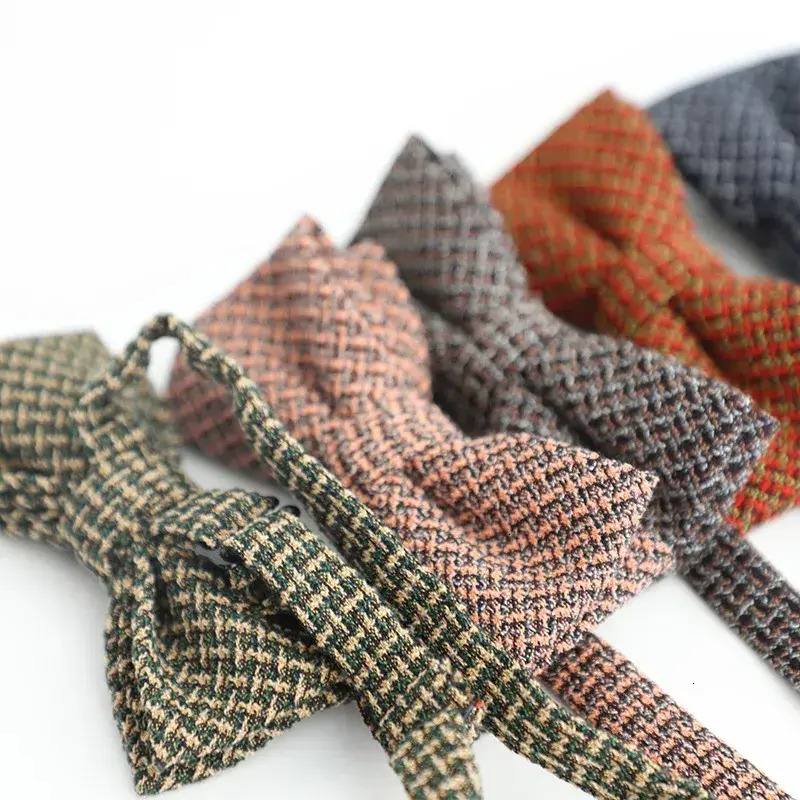Men Formal Necktie Gift Set N Autumn Winter Style Wool Knitted Bow Ties For Men Tweed Plaid Red selftie handknot adjustable Brown Bowknot Wedding Pa