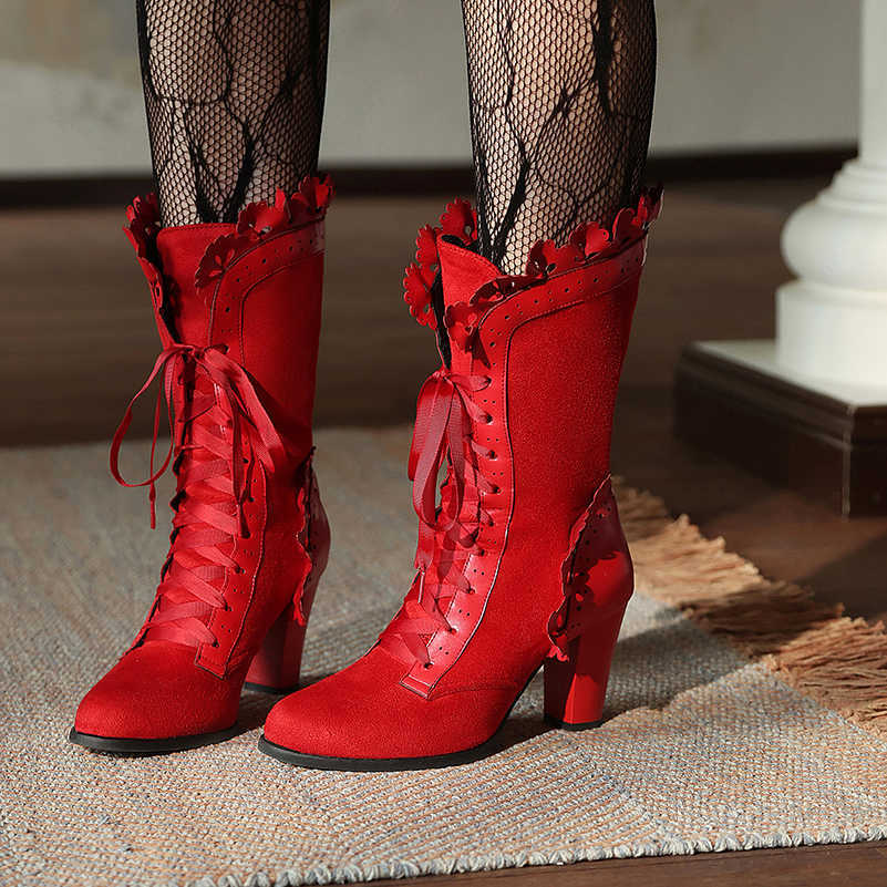 Calf Plus Mid Size Women Boots LaceUp Closure Ruffled Floral Trim Block Heel Faux Suede Victorian Gothic Cosplay Party Boots D260916