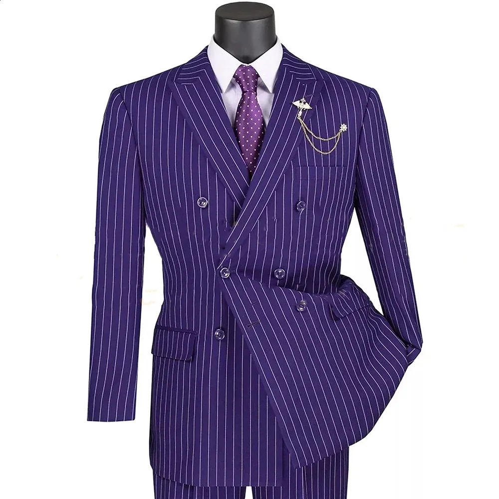 Fashion Suits For Men Striped Double Breasted Business 2 Piece Jacket Pants Male Clothing Gentleman Blazer Trousers Set 260916