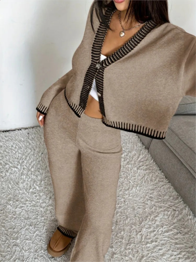 Knitted 2 Pieces Set For Woman Fashion Two Piece Outfit Contrast In Matching Sets Slim All-match Simple Style Commuting 260916