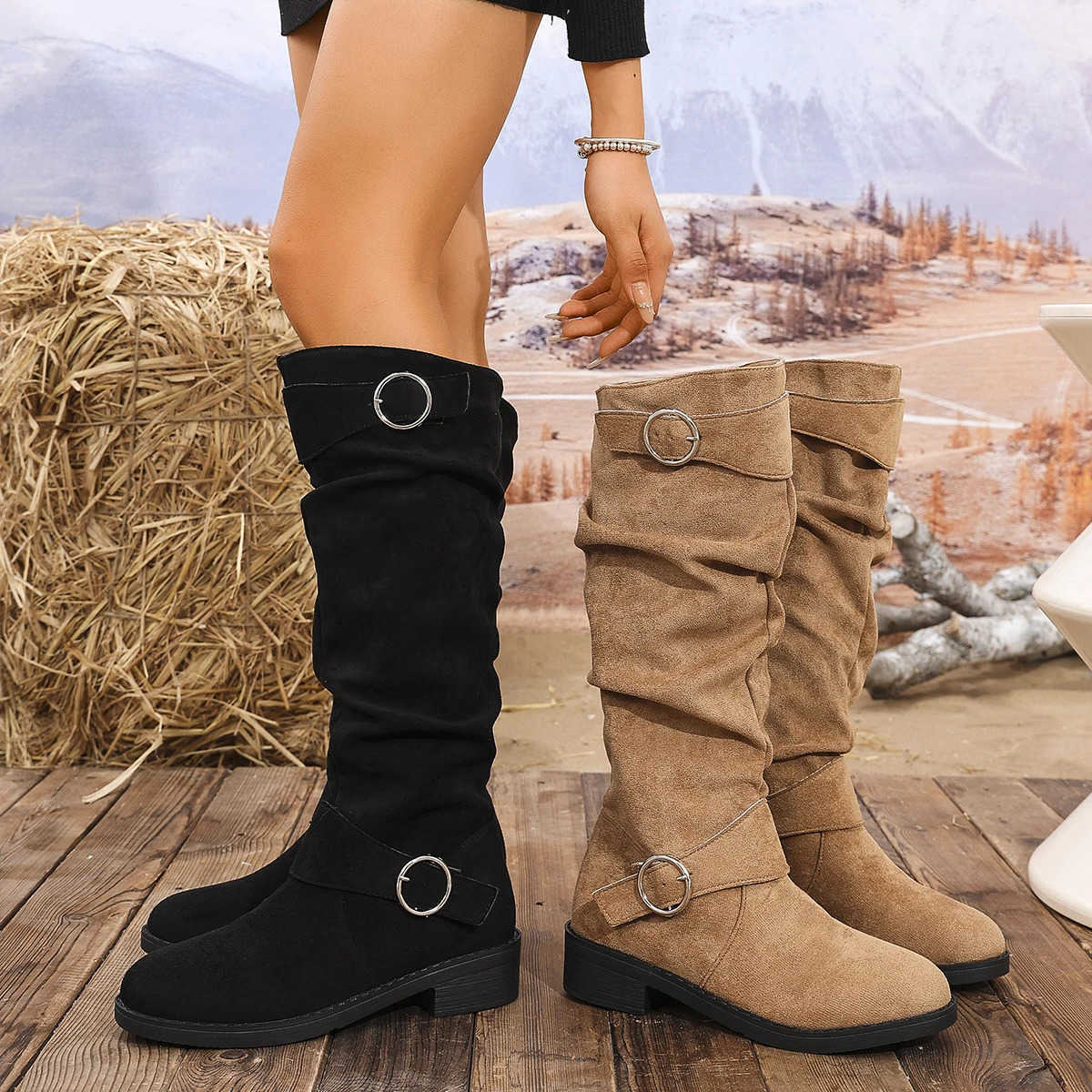 Mid-Calf Stylish New Slouchy Women Boots Soft Comfortable Round Toe Design Easy Pull-On Closure Outdoor Casual Shoes D260916