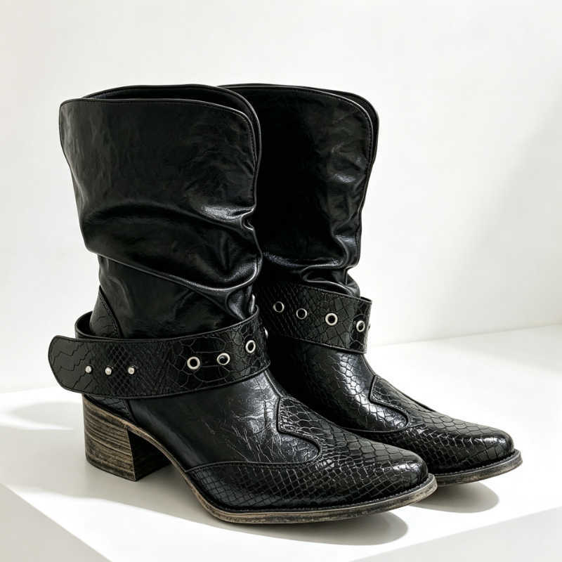 Design Novelty Snakeskin Texture Square Heel Ankle Boots Women Punk Street Style Modern Boots fashion Pointed Toe Boots D260916