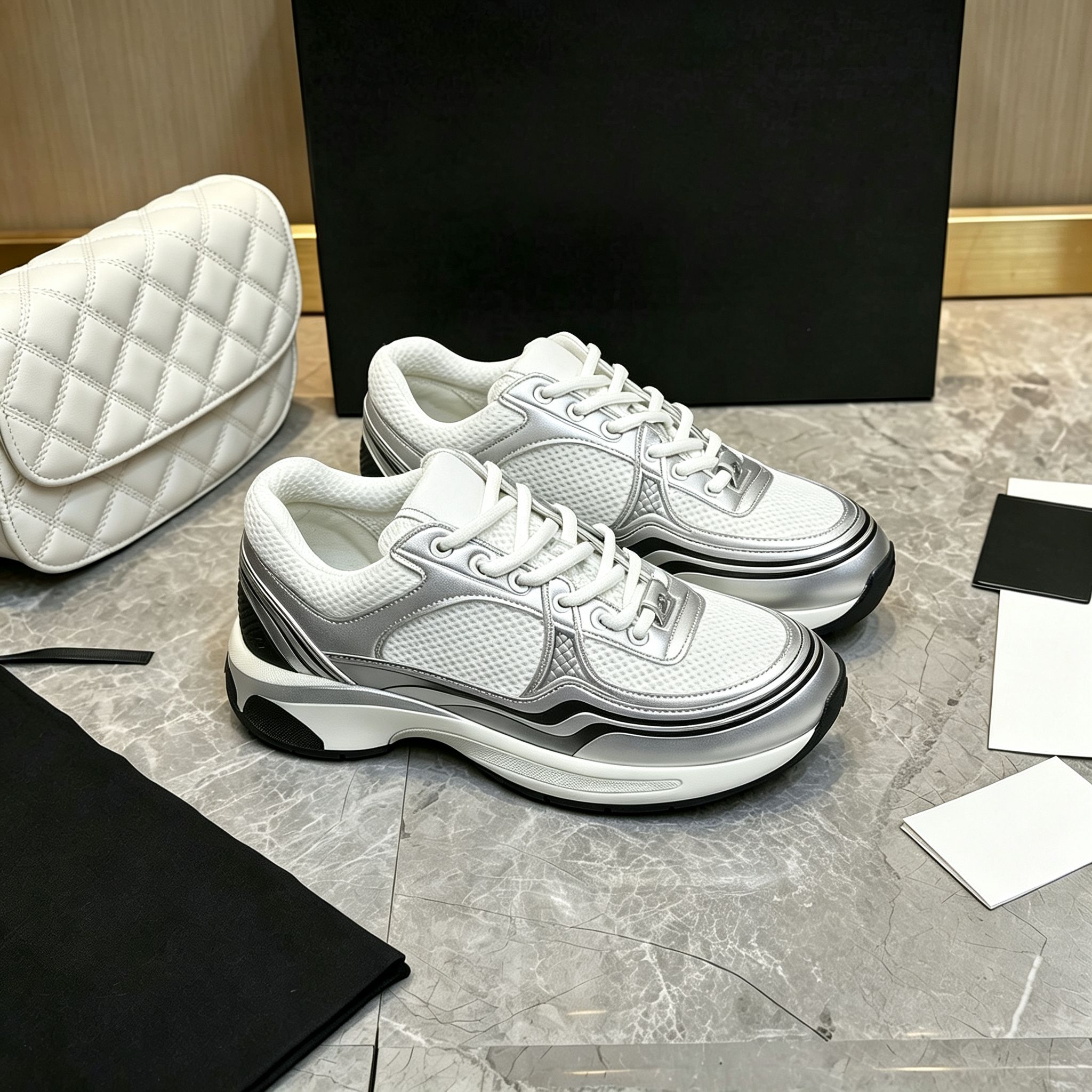 Designer Luxury Women White Silver Mesh Chunky Sneakers 23C Metallic Leather Patch CC Logo Low Top Running Shoes Thick Sole Height Increasing Casual
