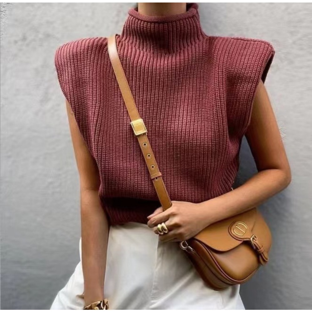 Padded Shoulder Turtleneck Knit Sweater Summer New Fashion Versatile Loose Slimming Top
