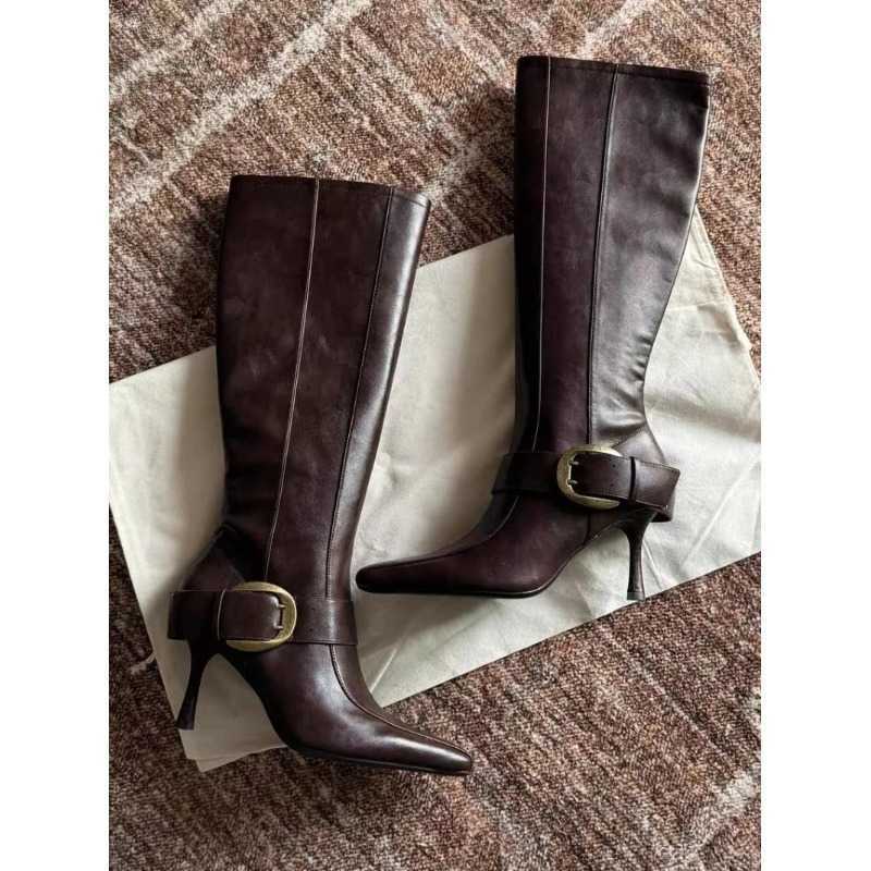 Leather Winter Soft fashion Sexy Knee High Boots Women Metal Belt Ladies Zip Pointed Toe Designer Heels Long Shoes D260916