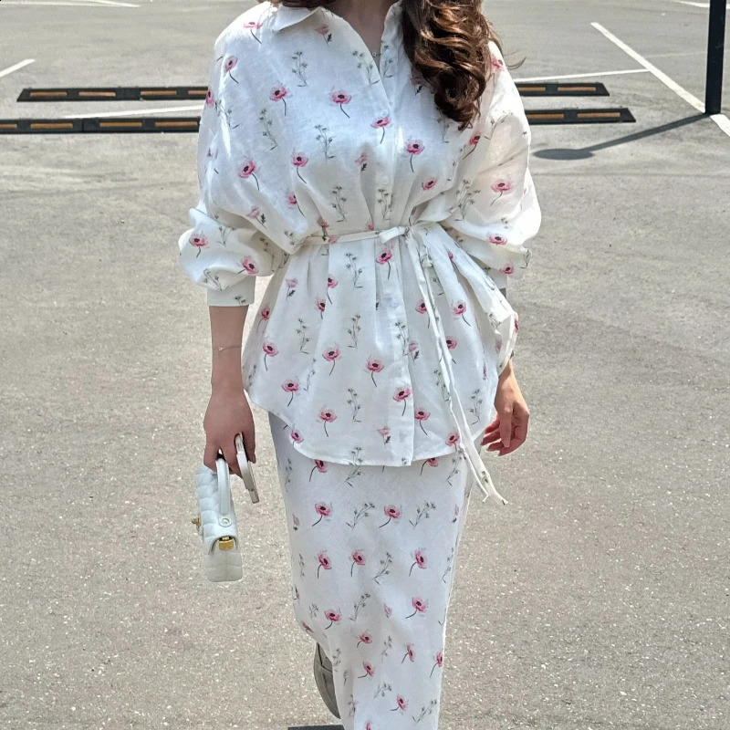 Women Two Piece Sets Skirt Set Floral Print Lantern Sleeve Turn Down Collar Shirt Long Skirts A Line Lace Up Y2k Elegant Work 260916