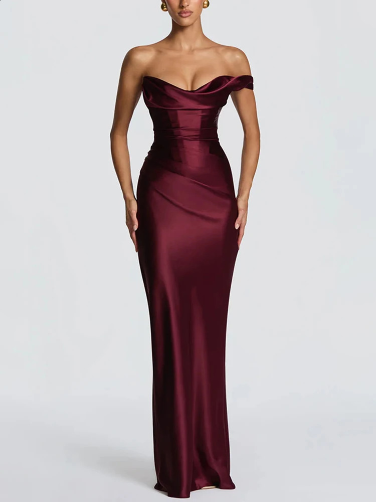 Sibybo Elegant Satin One Shoulder Ruched Women Maxi Dress Sexy Low Chest Backless Bandage Cinched Waist Mermaid Evening Dresses 260916