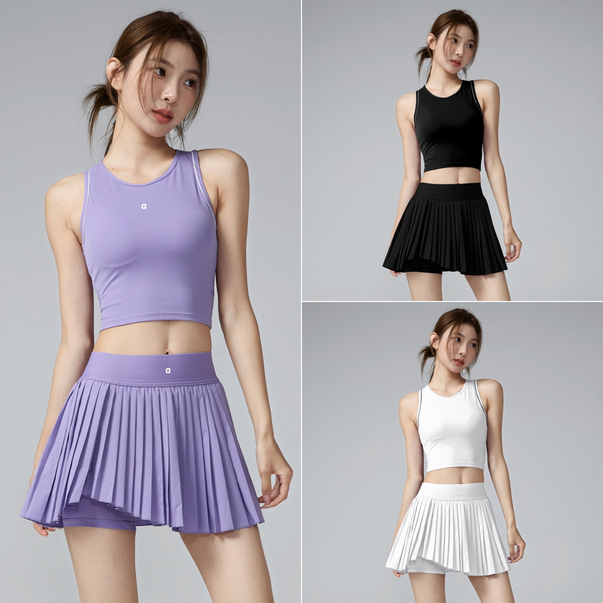 A2928 Solid-Color Tank Top and Asymmetrical Pleated Skirt Set Tennis Badminton Sports Fitness and Casual Quick-Dry Yoga Outfit Set
