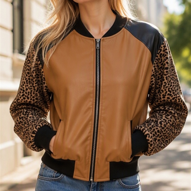 Women Leopard Print Color Block Bomber Jacket PU Faux Leather Zip Up Raglan Sleeve Fashion Streetwear Outerwear Coat For Winter y260908