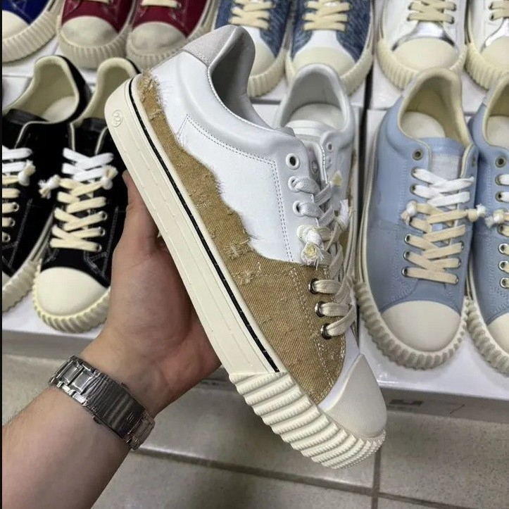 Men's Canvas Skate Sneakers, White Leather & Raw Edge Canvas Patchwork Low Top Shoes, Thick Serrated Sole Footwear, With Gift Box Pack, Retro S