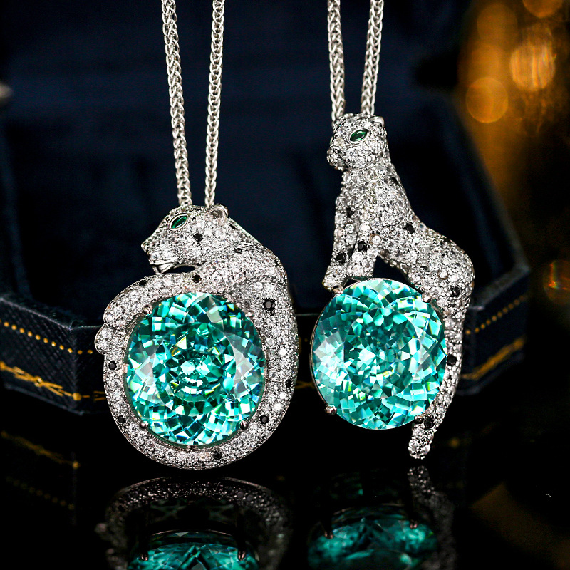 New Simulated Bird's Nest Cutting Para Green Vintage leopard Pendant Necklace For Women Large Stone 18*20mm Panther Animal Designer Necklace We