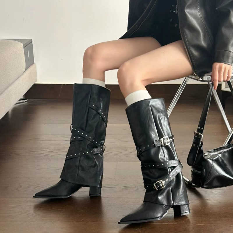 Fall Women's Mid-Calf Boots 2026 New Studded Belt Thick Heel Multifunctional fashion Trend Versatile Pointed Toe Boots D260916