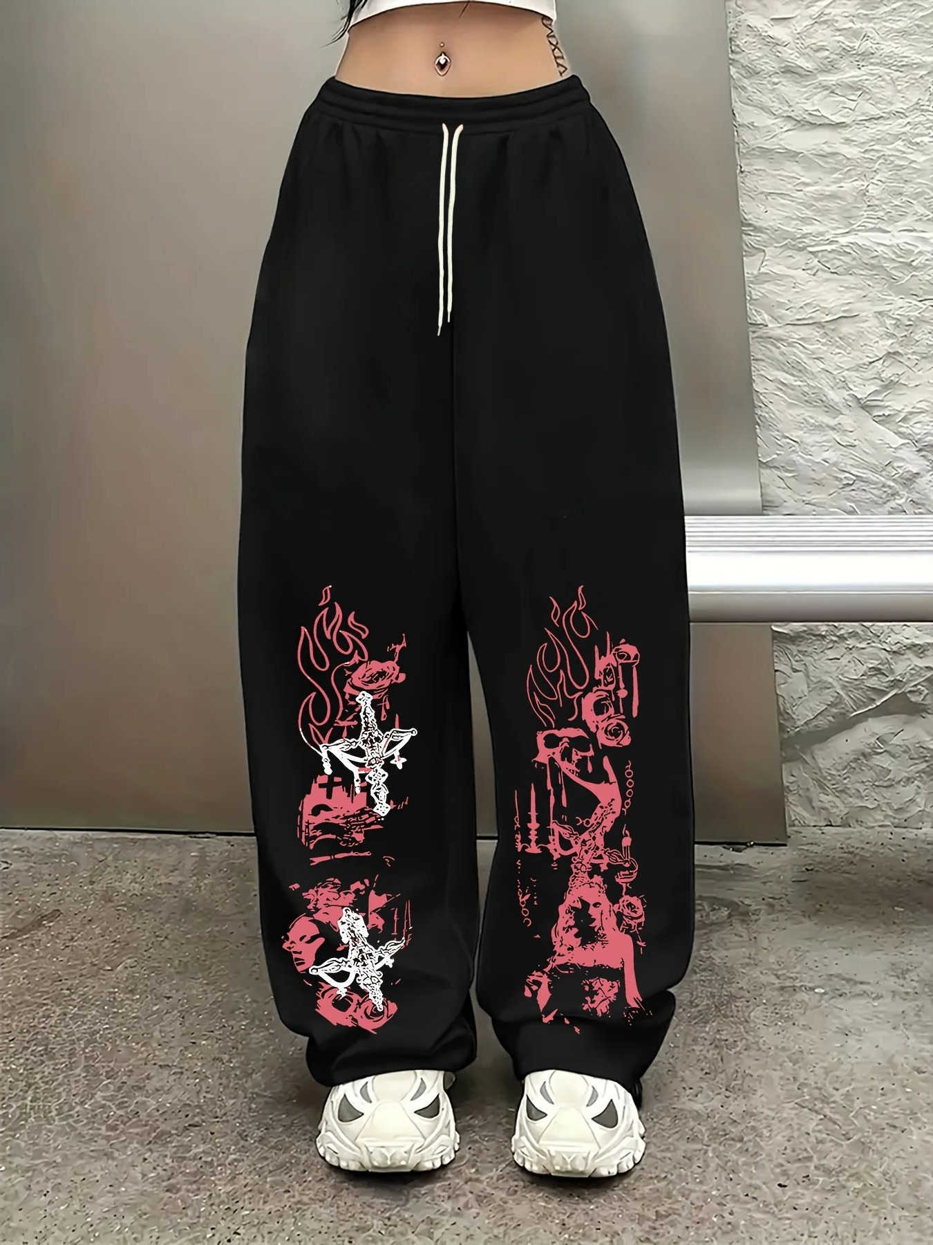 Style Flame Cross Print Gothic Wide Leg Pants Breathable Quick Drying Summer Sports for Men Women 2026 D260916