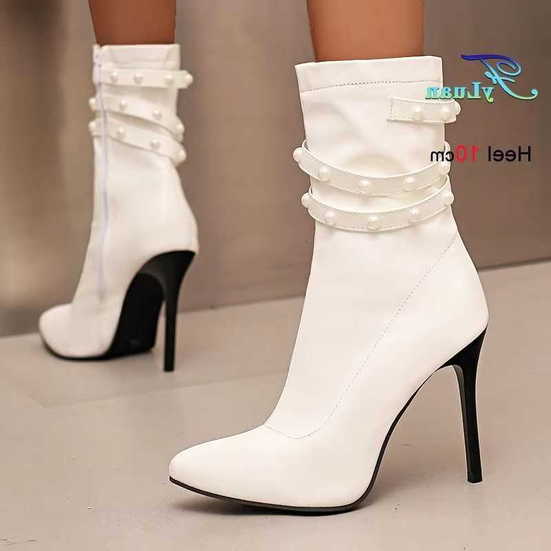 Side Zipper Short Boots Woman With High Heels 10CM Stiletto White Pointy Toe Boots fashion Pearl Band Solid color Woman ShoesD260916