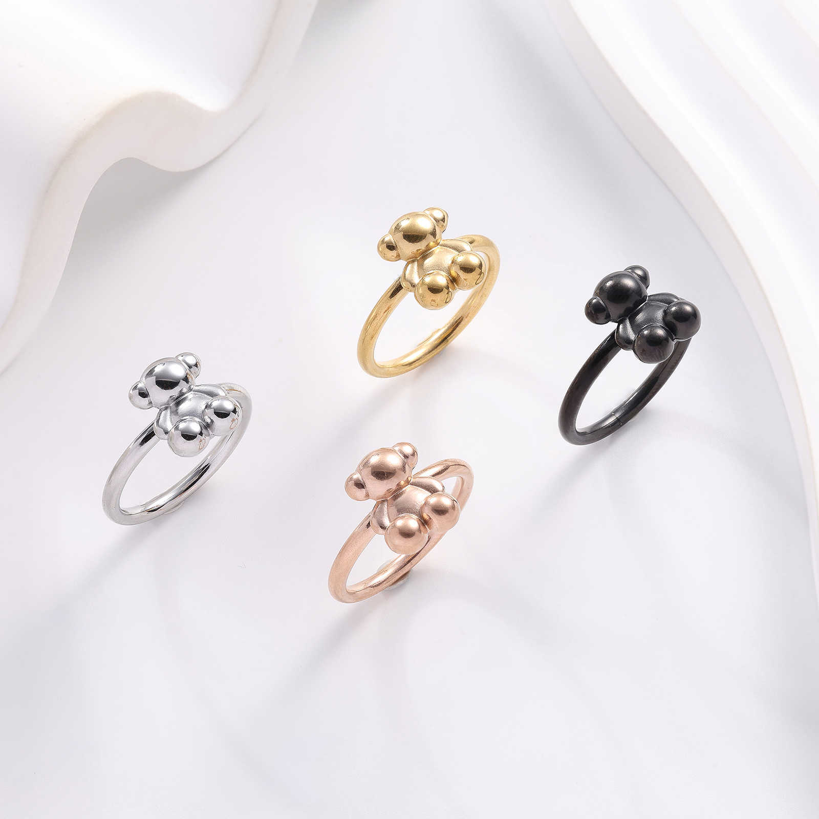 Arrival New Women Men Silver Rose Gold Black Stainless Steel Span Bear Animal Round Circle Chain Hollow Rings Jewelry Gift S260916S8JY