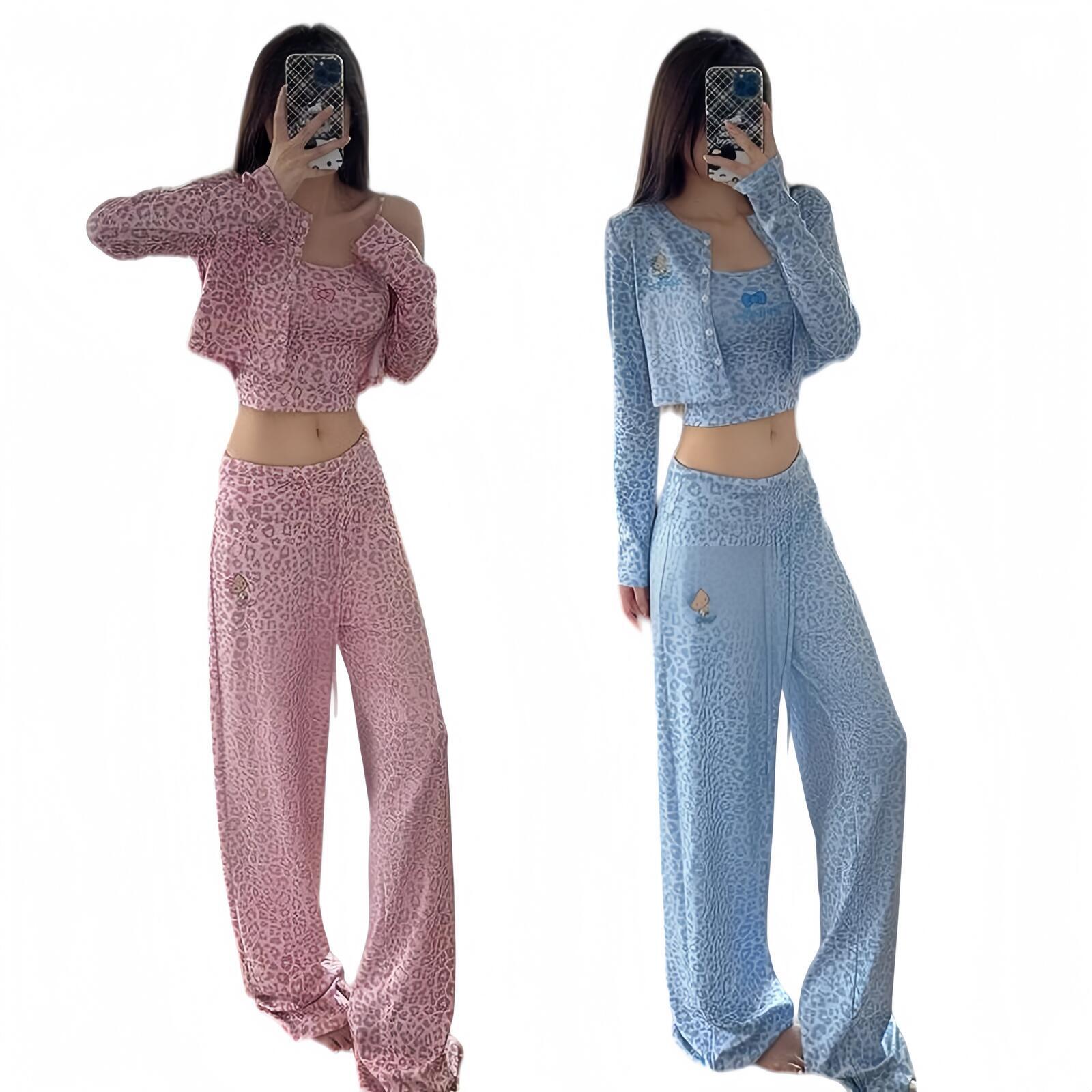 Womens Suit Three Piece Leopard Print Waist Revealing Camisole Long Sleeved Cardigan And Floor Length Pants Three Piece Set Comfortable Fabric Leisu