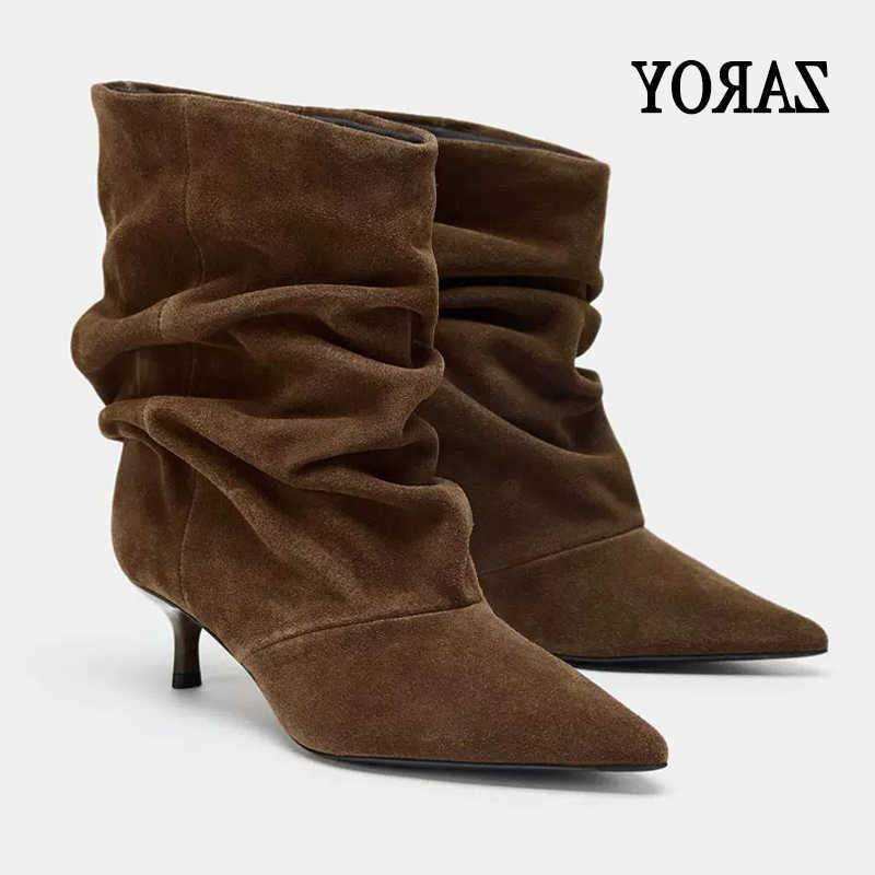 Women Designer ZAROY Boots Fall Winter Warm Faux Suede Short Botas Point Toe Ruched Kitten Heel Modern Ankle Boots D260916