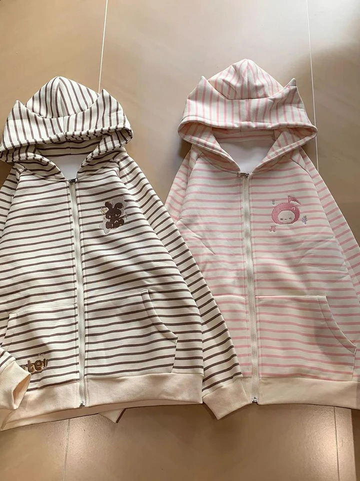 Cute Cat Ears Hoodies Women Sweet Embroidery Striped Loose Sweatshirts Fall Preppy Style Female Long Sleeve Pockets Kawaii Tops 260916