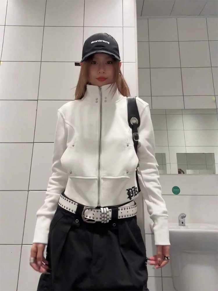 2026 Autumn Women's American Hot Girl Cross Print Stand Collar Jacket Studded Slim Fit Zip Up Hoodie Streetwear Coquette TrendyT260916