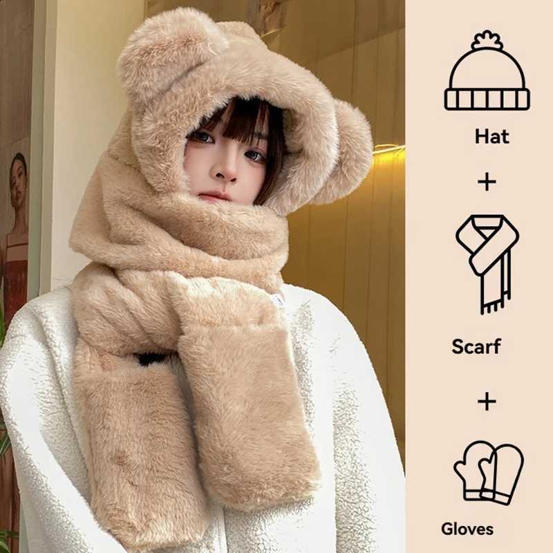 1Fleece Plush Winter 3-in-1 Warm Bear Ear Hooded Cap Scarf Gloves Set Windproof Outdoor Accessories for Cold Weather L260915