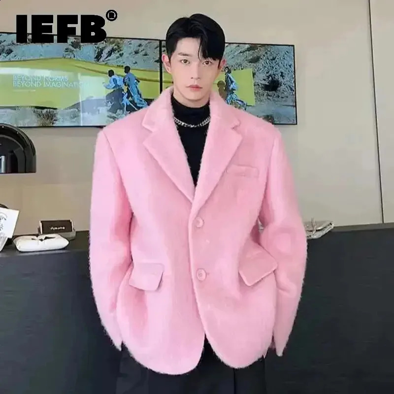 IEFB Korean Chic Male Woolen Jacket Fashion Lapel Single Breasted Pocket Coat Autumn Winter Casual Men Clothing Pink 9C2886 260916