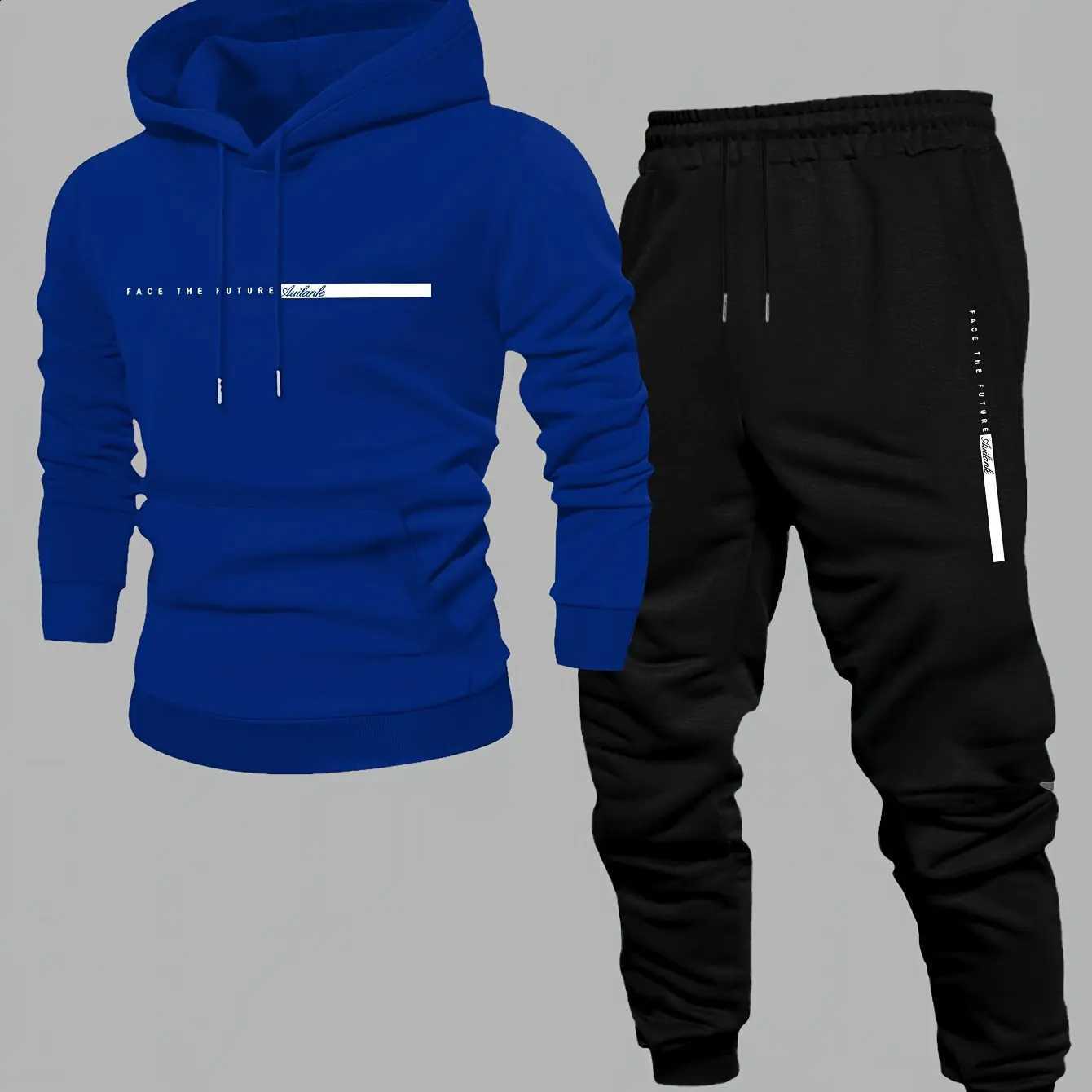 Creative Letter Print 2Piece Men Hoodie Set Pullover + Drawstring Elastic Jogger Pants Autumn Winter Casual Daily Sportswear D2609151