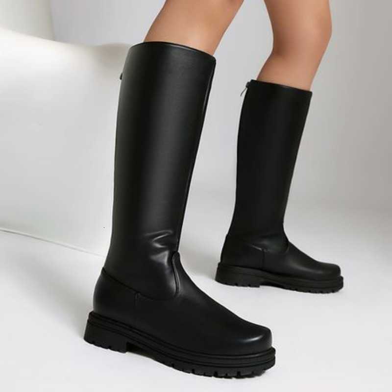 Long Bottom Black Thick Boots Women 2025 Autumn Pu Leather Knee High Boots Woman Plus Size 44 Side Zipper Platform Shoes D260916